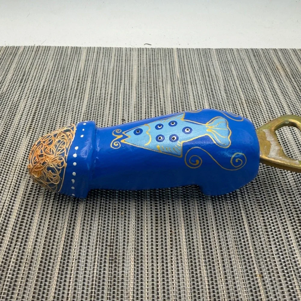 Hand Painted Signed Wood Phallic Bottle Opener Blue Fish Folk Art Novelty 7.5in